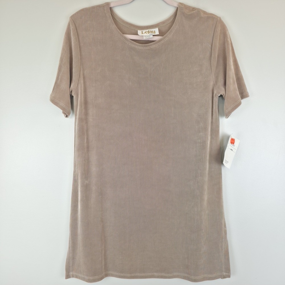 Vtg 90s Y2K Beige Short Sleeve Top Lejay Sport Slinky Acetate Spandex Large.B52